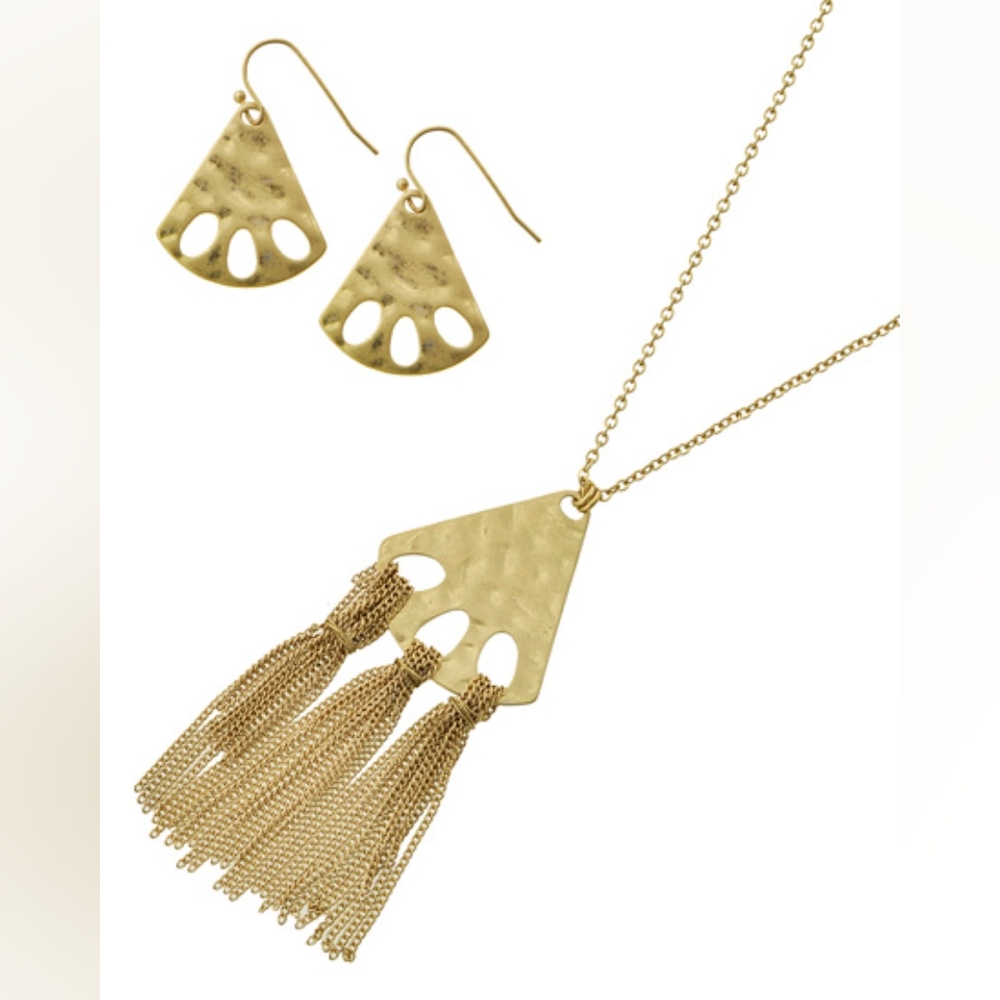 Gold Hammered Triangle Fringe Necklace & Earring S